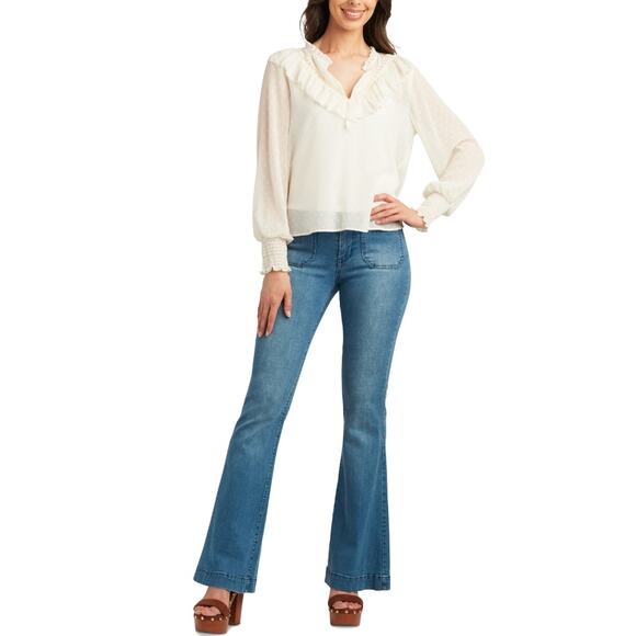 NEW BCX Ivory Blouse Size XS Swiss Dot Ruched Top Boho Office Smocked NWT - Picture 2 of 10